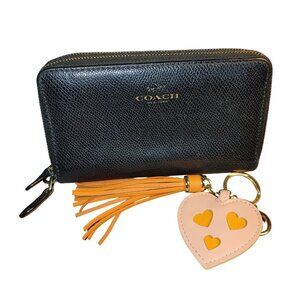 Coach Black Leather Zip Wallet Double Gold Tone Hardware Card Slots ID Window